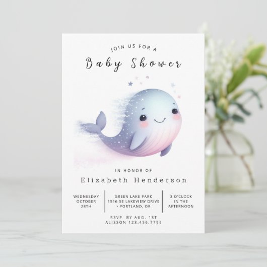 Boho Editable Whale Baby Shower Einladung (Stehend Vorderseite)