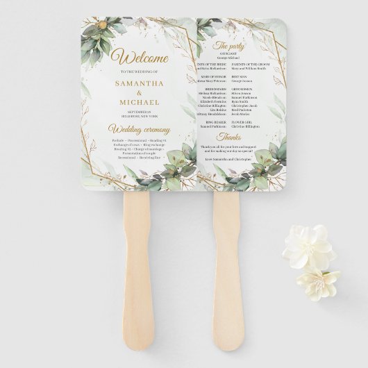 Boho Einfache Frühlingsgrün und Goldrahmen Hochzei Fächer (Vorne und Hinten)