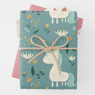 Boho Einhorndesign, gedämpfte Pastellfarben, Kinde Geschenkpapier Set