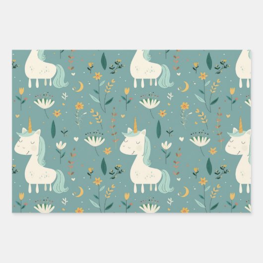 Boho Einhorndesign, gedämpfte Pastellfarben, Kinde Geschenkpapier Set (Vorderseite)