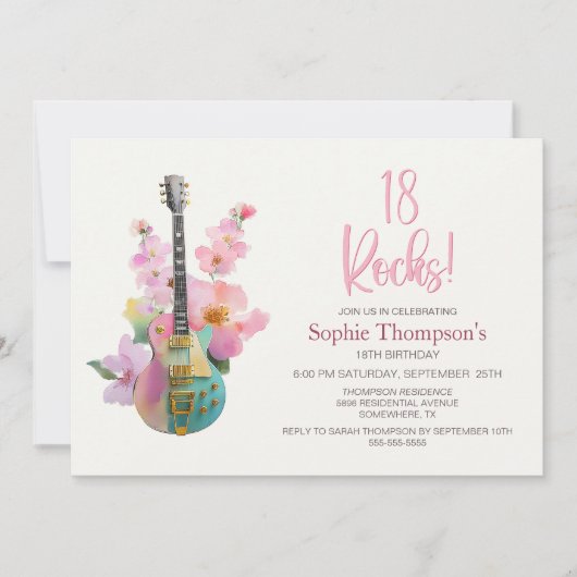 Boho Electric Guitar Pink Floral 18th Birthday Einladung (Vorderseite)