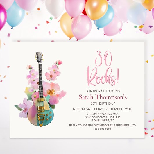 Boho Electric Guitar Pink Floral 30th Birthday Einladung