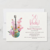 Boho Electric Guitar Pink Floral 50th Birthday Einladung (Vorderseite)