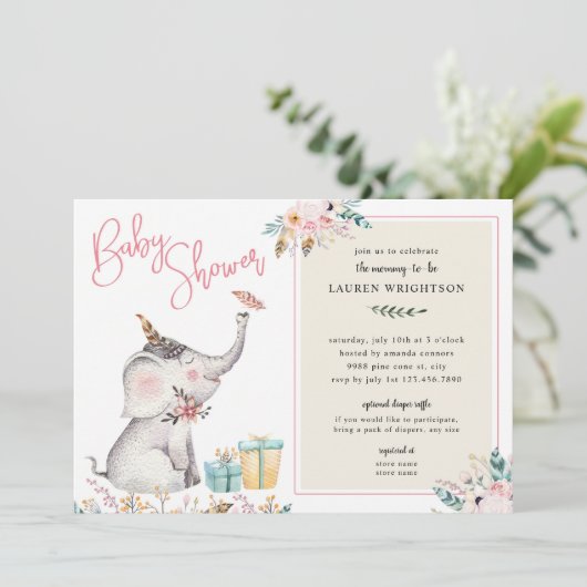 Boho Elefant-Mädchen-Babyparty Einladung (Stehend Vorderseite)