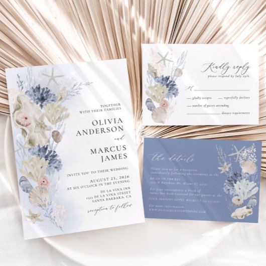 Boho Elegant am Strand Blue Wedding Einladung