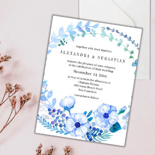 Boho Elegant Blue Floral Wreath Wedding Postcard Postkarte