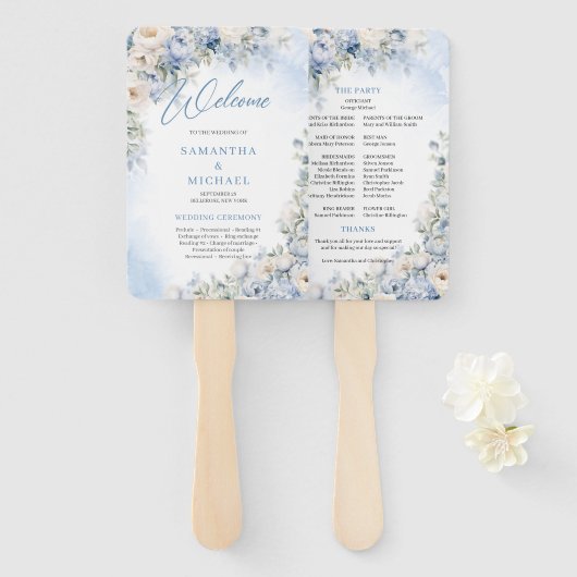 Boho Elegant Dusty Blue und Ivory Blume Hochzeit Fächer (Vorne und Hinten)