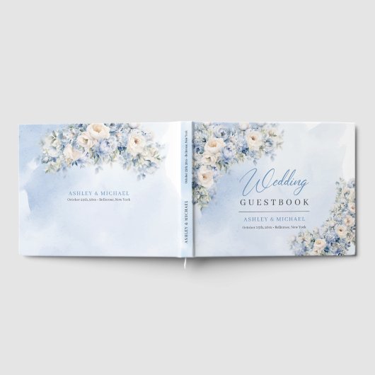 Boho Elegant Dusty Blue und Ivory Blume Hochzeit Gästebuch (Voll)