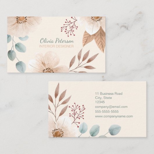 Boho Elegant Floral Business Card Visitenkarte (Vorne/Hinten)