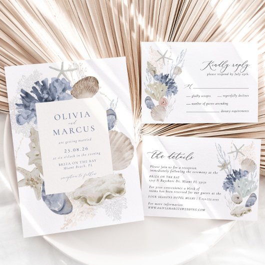 Boho Elegant Frame Beach Blue Wedding Einladung