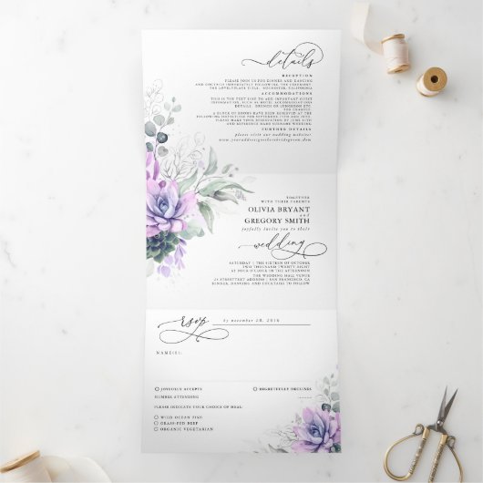 Boho Elegant Lila Succulents Grüne Hochzeit Dreifach Gefaltete Einladung (Innenseite)