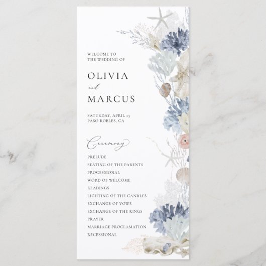 Boho Elegant Ocean Beach Coral Blue Wedding Programm (Vorderseite)