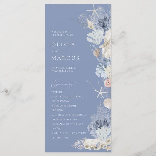 Boho Elegant Ocean Beach Coral Blue Wedding Programm (Vorderseite)