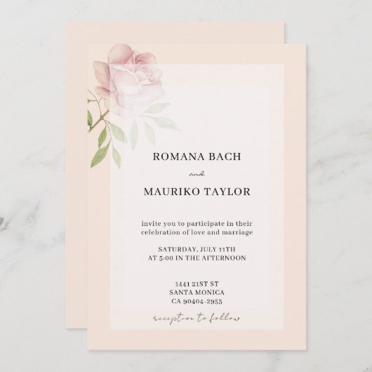 Boho Elegant Rosa Wasserfarben Einladung (Vorne/Hinten)