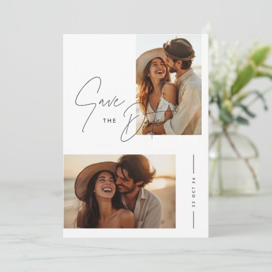 Boho Elegant Script-Foto Hochzeit speichern Datum Einladung (Stehend Vorderseite)