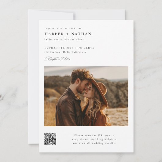 Boho Elegant Script QR Code Foto Wedding Einladung (Rückseite)