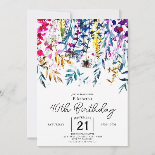 Boho Elegant Wildblumen 40. Geburtstag Einladung (Vorderseite)