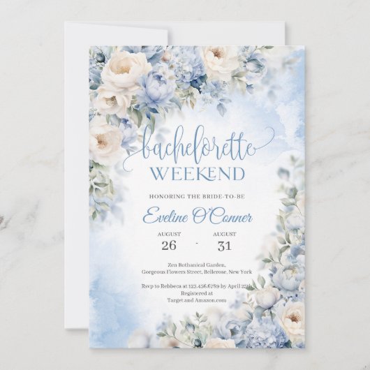 Boho Elegant Winter Dusty Blue und Elfenbein Blume Einladung (Vorderseite)