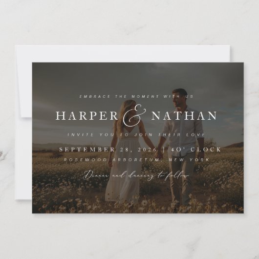 Boho Elegante Foto-Overlay RSVP QR-Code Hochzeit Einladung (Vorderseite)