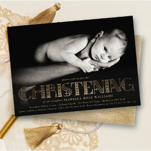 Boho Elegante Gold Foil Christening Foto Einladung