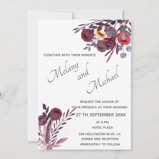 Boho elegante Wasserfarbe romantische Blumenstrauß Einladung (Vorderseite)