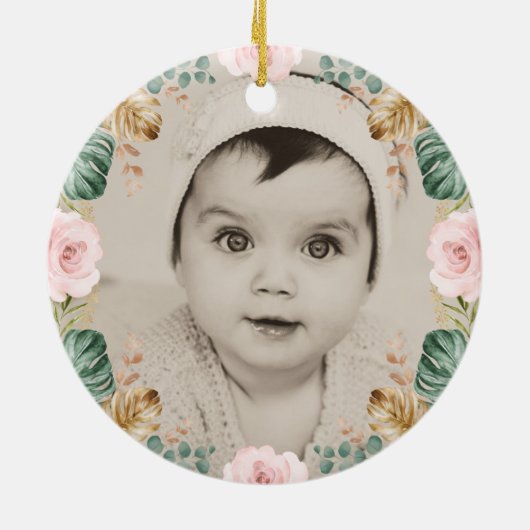 Boho Elephant Baby 1. Weihnachtsblush Pink Blume Keramik Ornament (Hinten)