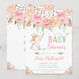 Boho Elephant Baby Shower Girl Pink Minze Floral Einladung