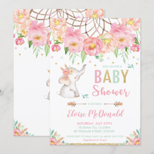 Boho Elephant Baby Shower Girl Pink Minze Floral Einladung