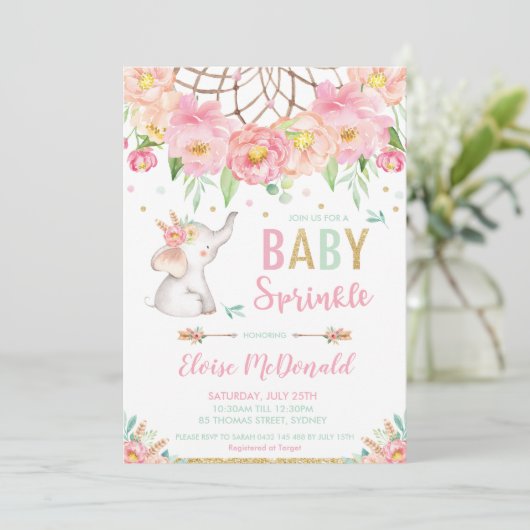 Boho Elephant Baby Sprinkle Girl Pink Minze Blüte Einladung (Stehend Vorderseite)