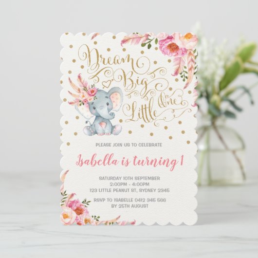 Boho Elephant Birthday Einladung Dream Big Floral (Stehend Vorderseite)