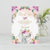 Boho Elephant Blush Pink Lila Floral Baby Dusche Dankeskarte (Stehend Vorderseite)