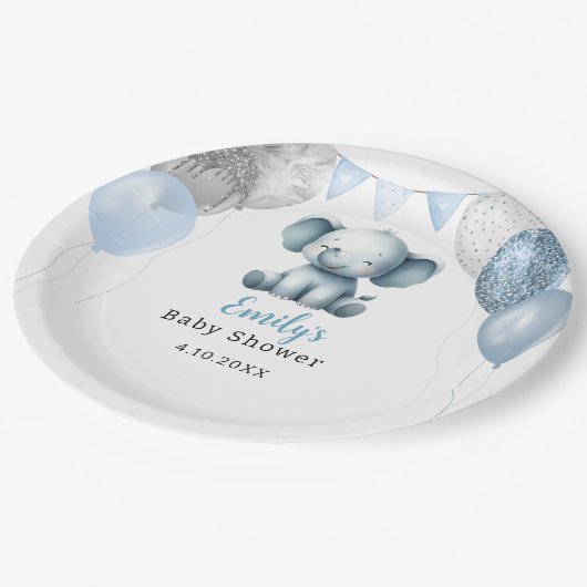 Boho Elephant Boy Balloons Babydusche Pappteller (Schrägansicht)