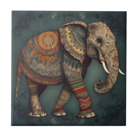 Boho Elephant Keramik Tile mit Verzierten Dekorati Fliese (Vorderseite)