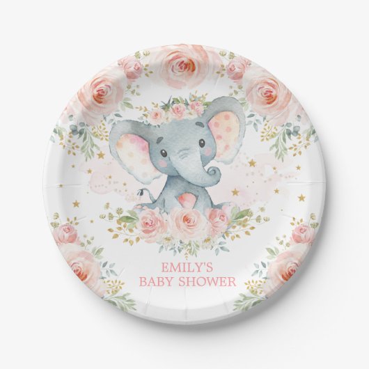Boho Elephant Pink Floral Baby Girl Duschfavoriten Pappteller (Vorderseite)