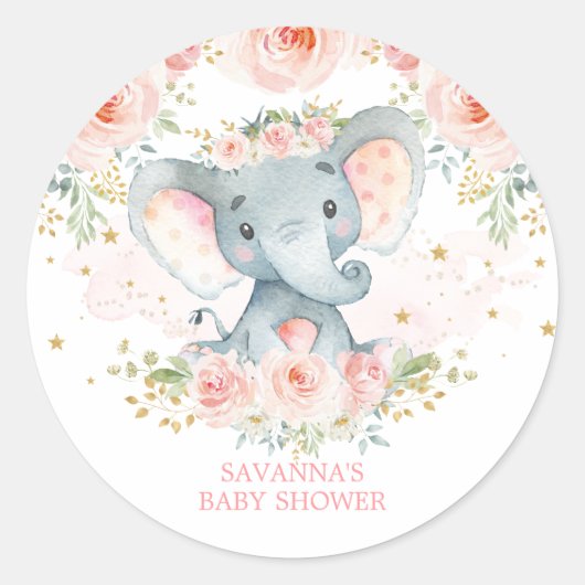 Boho Elephant Pink Floral Baby Girl Runder Aufkleber (Vorderseite)