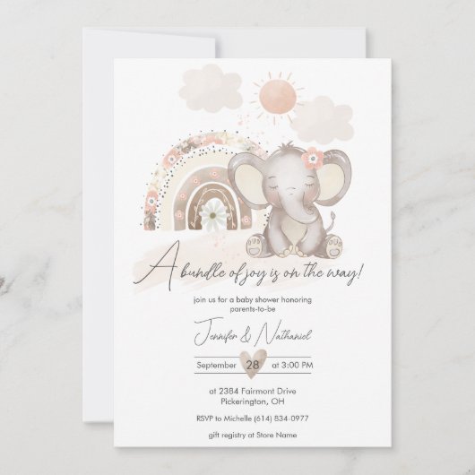 Boho Elephant & Rainbow Baby Dusche Einladung (Vorderseite)