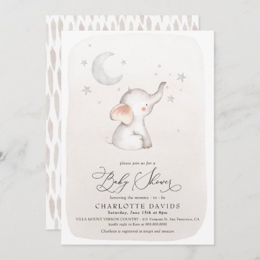 Boho Elephant Stars Moon Beige Neutral Baby Dusche Einladung (Vorne/Hinten)