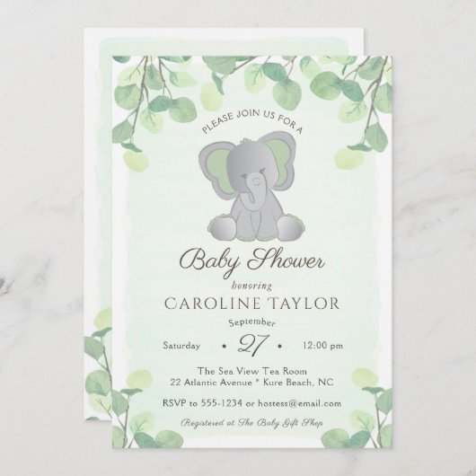 Boho Elephant Watercolor Greenerity Baby Shower Einladung (Vorne/Hinten)