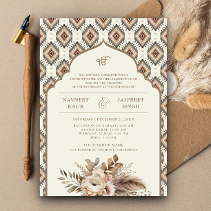 Boho Elfenbeinbeige Ikat Anand Karaj Sikh-Hochzeit Einladung