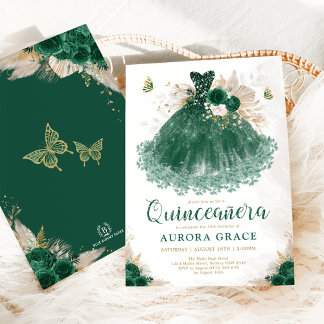 Boho Emerald Floral Quinceañera Princess Dress Einladung