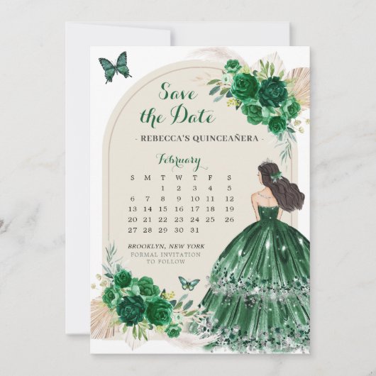 Boho Emerald Green 15 Años Save the Date Calendar Einladung (Vorderseite)