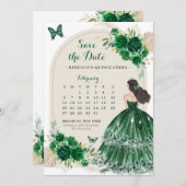 Boho Emerald Green 15 Años Save the Date Calendar Einladung (Vorne/Hinten)