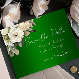 Boho Emerald Green mit White Roses Save the Date Ankündigungspostkarte