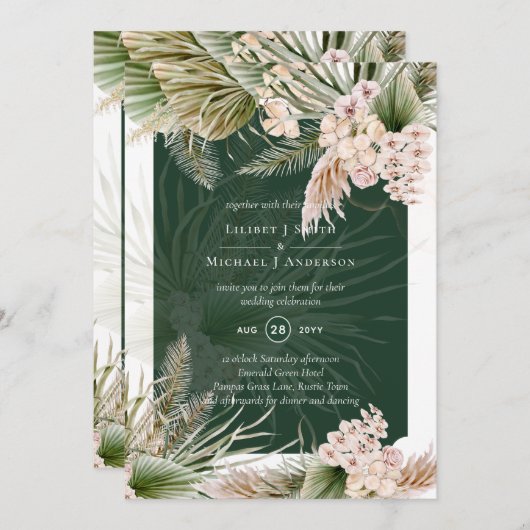 BOHO Emerald Green Pampas Grass Peach Wedding Einladung (Vorne/Hinten)