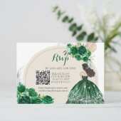 Boho Emerald Green Princess Quinceañera QR RSVP Karte (Stehend Vorderseite)