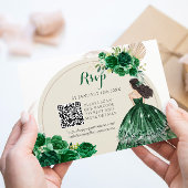 Boho Emerald Green Princess Quinceañera QR RSVP Karte