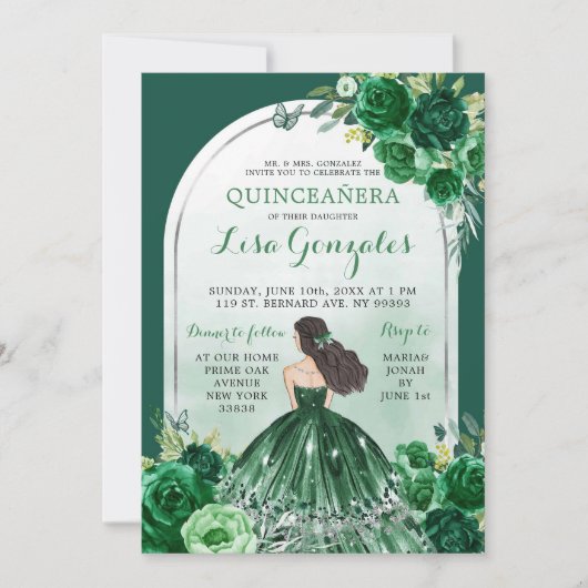 Boho Emerald Green Quinceanera Einladung (Vorderseite)