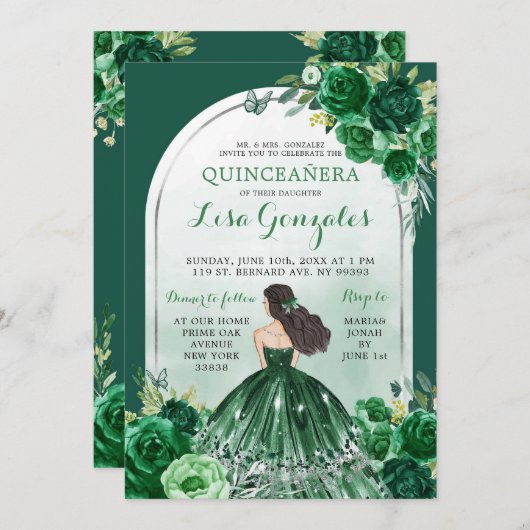 Boho Emerald Green Quinceanera Einladung (Vorne/Hinten)