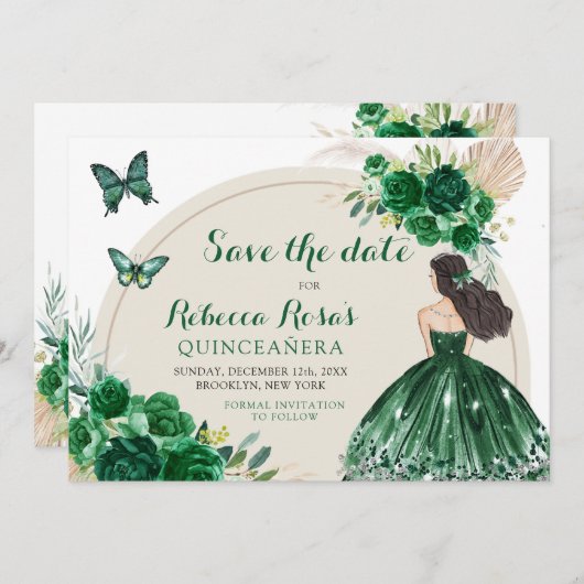 Boho Emerald Green Quinceañera Save the Date Einladung (Vorne/Hinten)