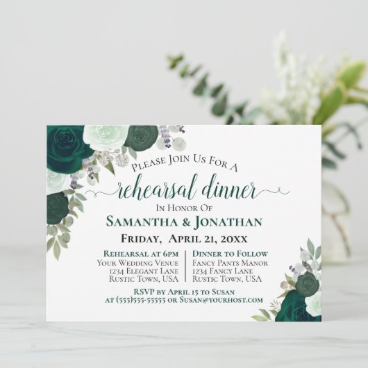 Boho Emerald Green Rose Hochzeit Probe Dinner Einladung (Stehend Vorderseite)